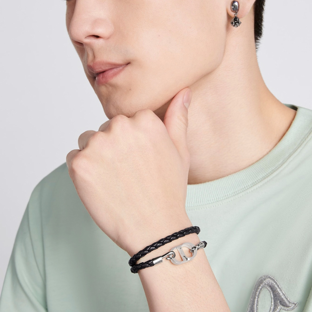 Dior Classic CD Icon Braided Leather Double Bracelet (Silver-Finish Brass) - KAIROO