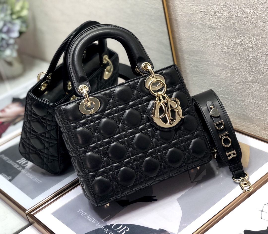 Dior Medium Lady Dior Delicate Leather Cannage Quilted Gold Hardware Top Handle Bag /Black - KAIROO