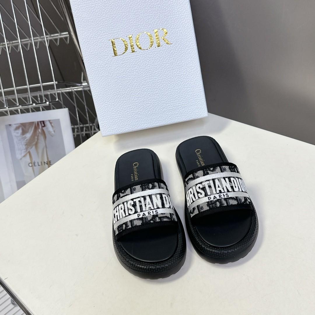 Dior D-Way Oblique Christian Dior Paris Embroidered Leather Piping Platform Slipper - KAIROO