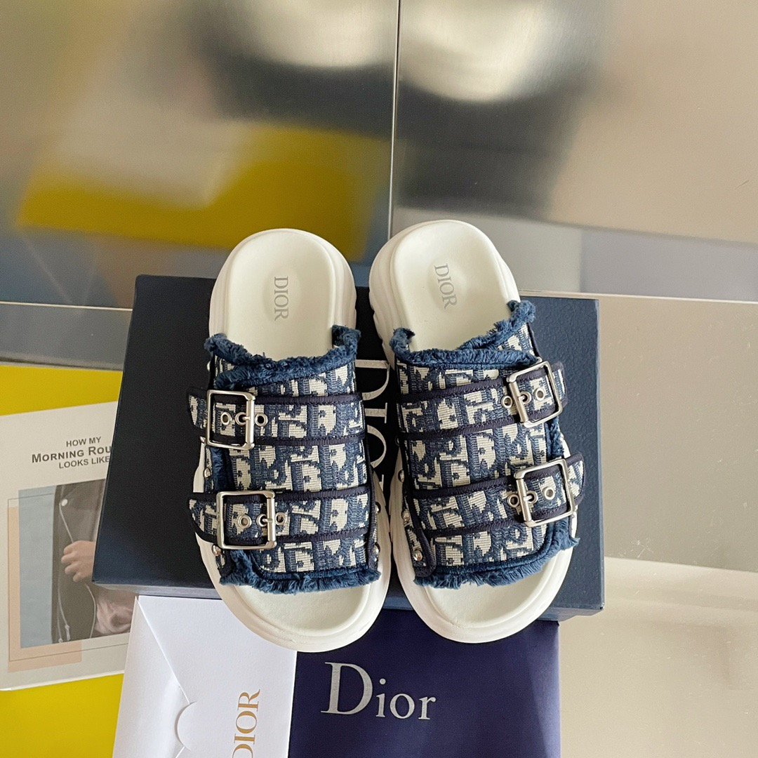 Dior Aqua Oblique Jacquard Embroidery Canvas Dual Metal Buckle Straps Slide Sandal - KAIROO