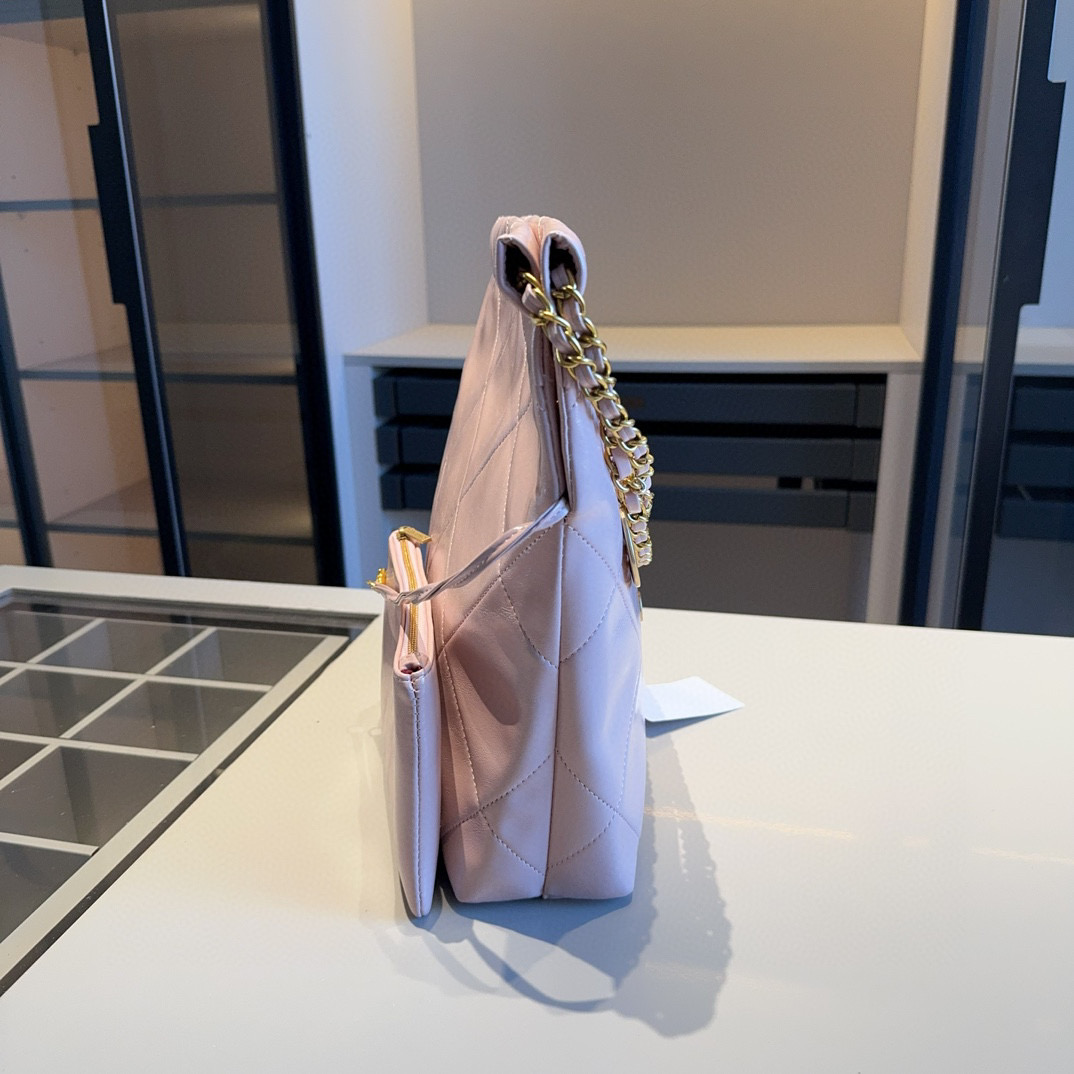 Chanel 22 Small Diamond Quilted Shiny Calf Logo Charm Pink Tote Bag With Pouch - KAIROO