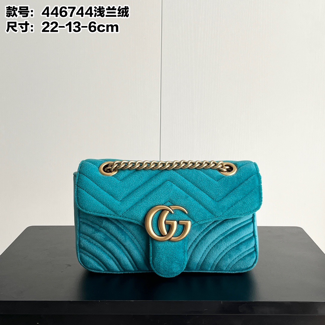 GUCCI Quilted Velvet GG Marmont Chevron Quilting Shoulder Bag / Small & Mini / Cyan - KAIROO