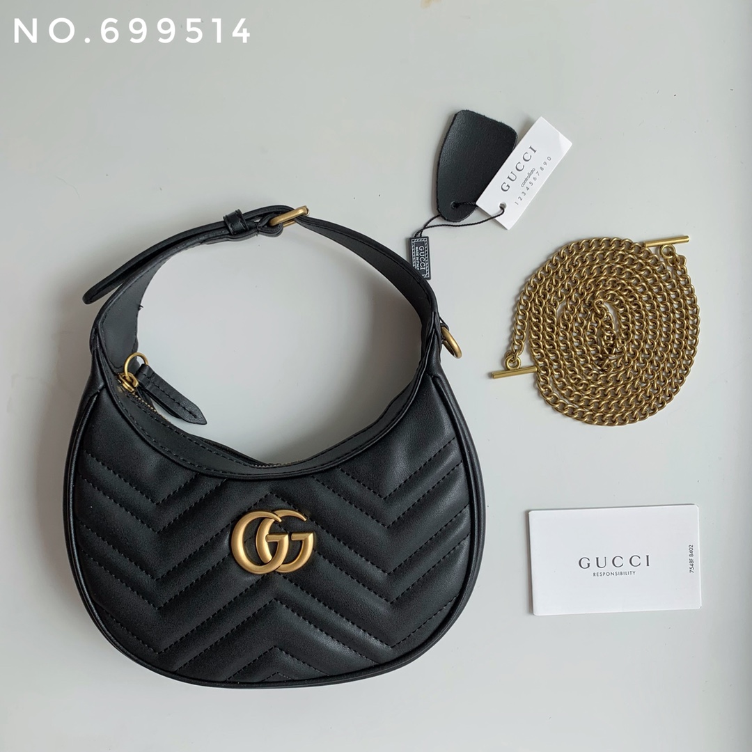 GUCCI GG Marmont Matelassé Leather/GG Ganvas Half-Moon Shoulder Bag - KAIROO