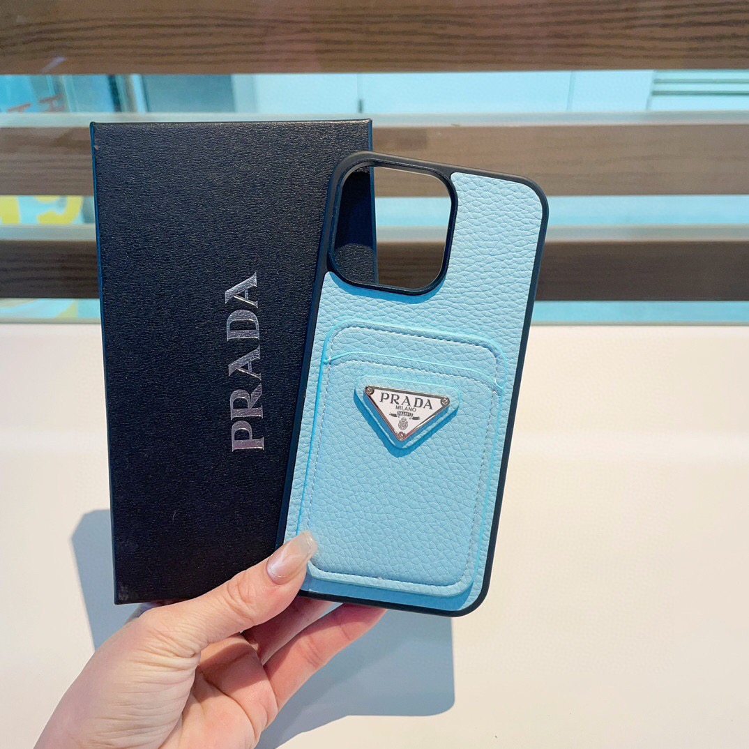 Prada Enameled Triangle Logo Pebbled Leather Card Pocket Phone Case - KAIROO