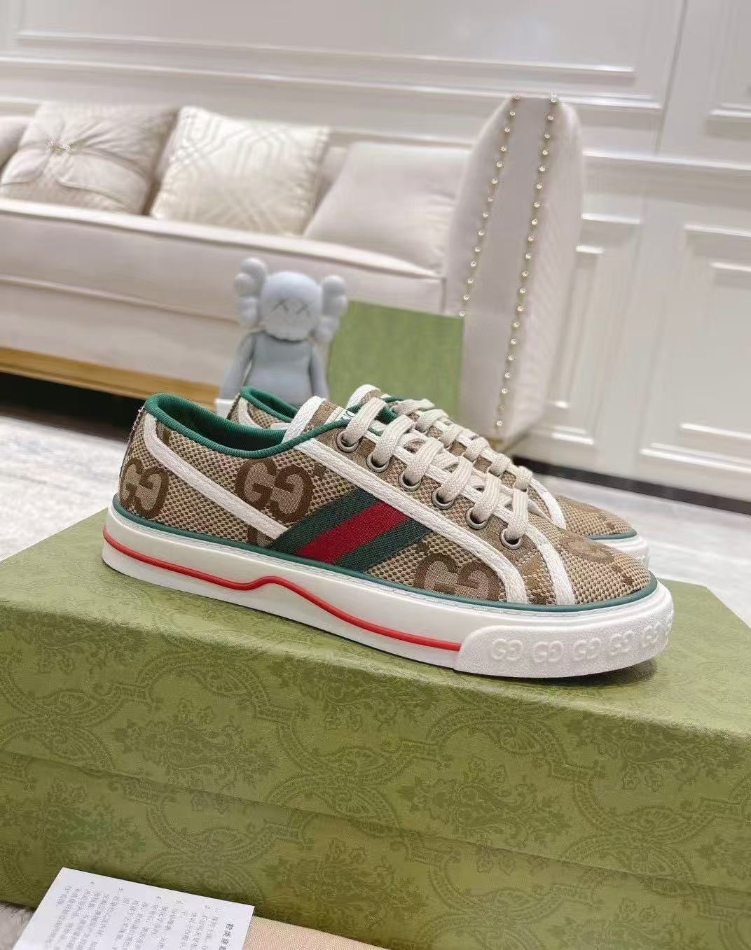Gucci Tennis 1997 Beige GG Monogram Web Stripe Low Top Canvas Sneakers - KAIROO