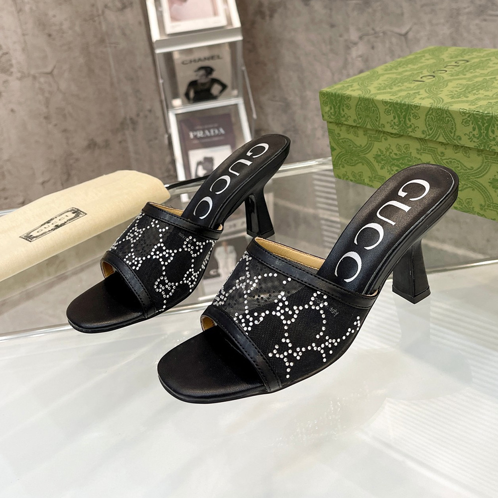 GUCCI Crystal Monogram Mesh High GG Mesh Peep-Toe Heel Slides - KAIROO