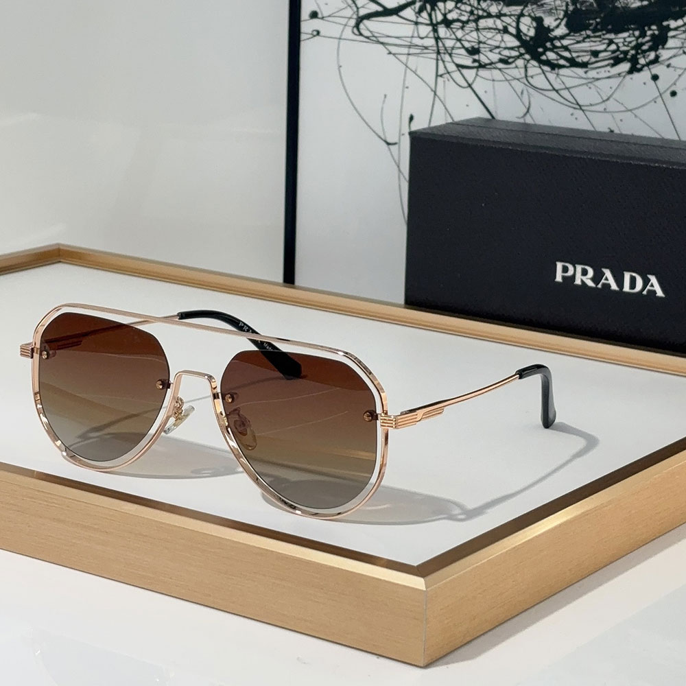 Prada Geometric Double Bridge Transparent Rim Metal Frame Pilot Sunglasses - KAIROO