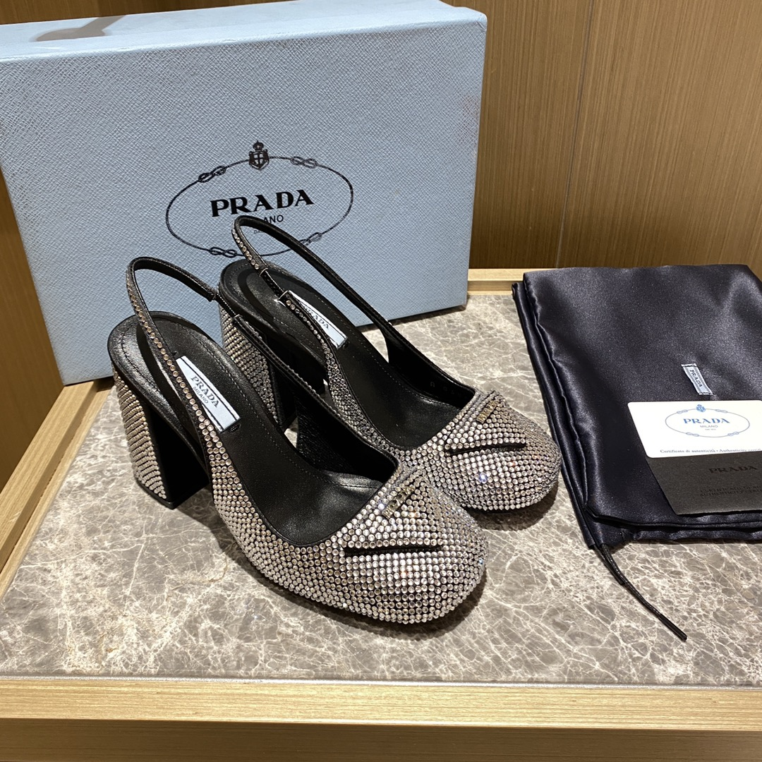 Prada Square-toe Triangle-logo Crystal-studded Satin Block Heel - KAIROO
