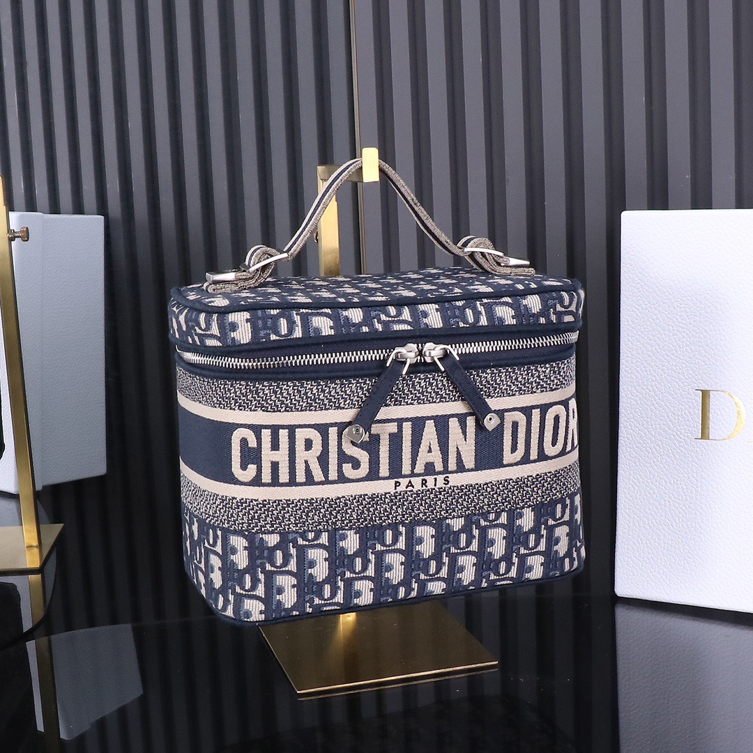 Dior Oblique Navy Oblique Jacquard Embroidery Clutch Cosmetic Bag - KAIROO