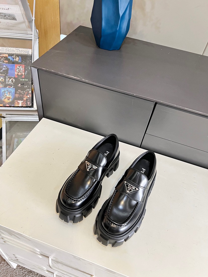 Prada Metal Triangle Logo Chunky Lug Sole Monolith Loafers - KAIROO