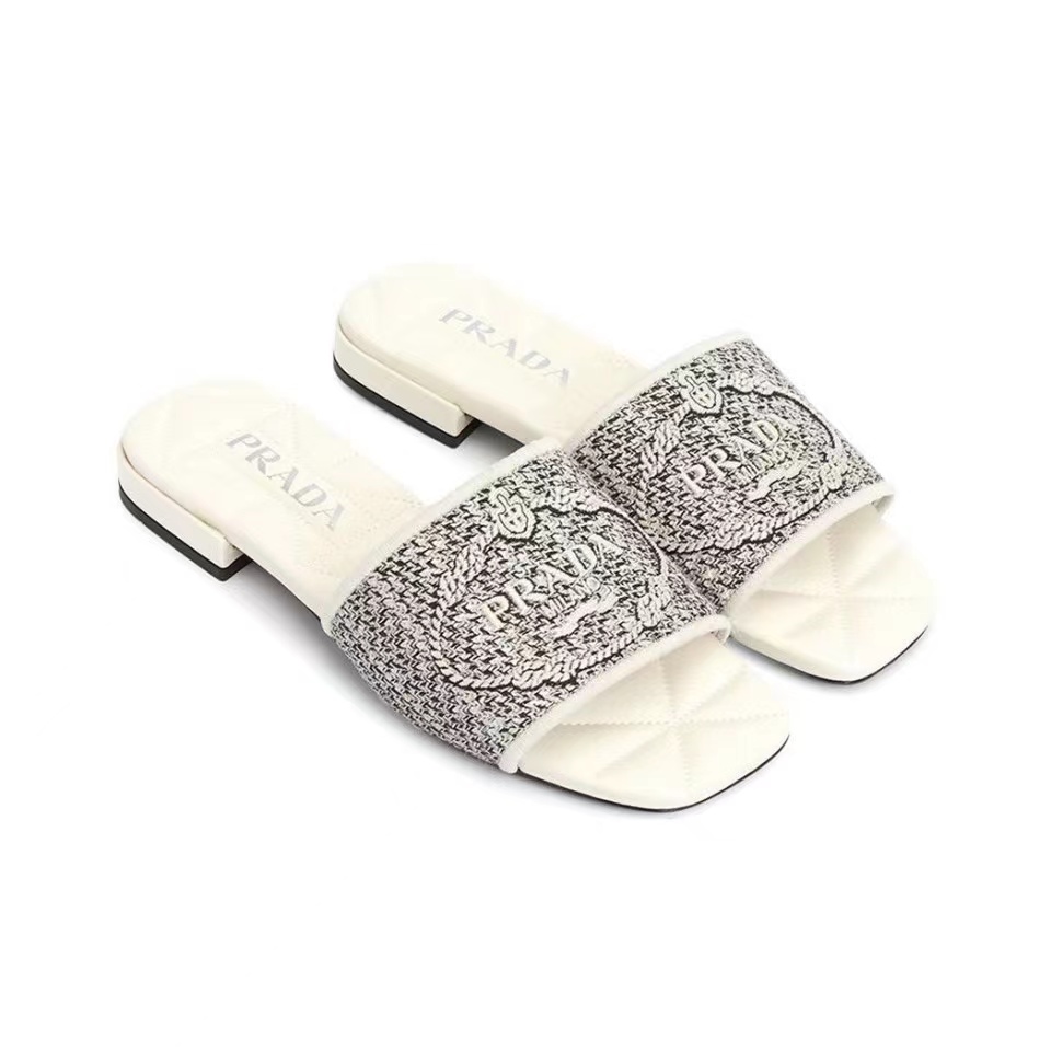 Prada Square-toe Logo-embroidered Jacquard-knit Flat Slide - KAIROO
