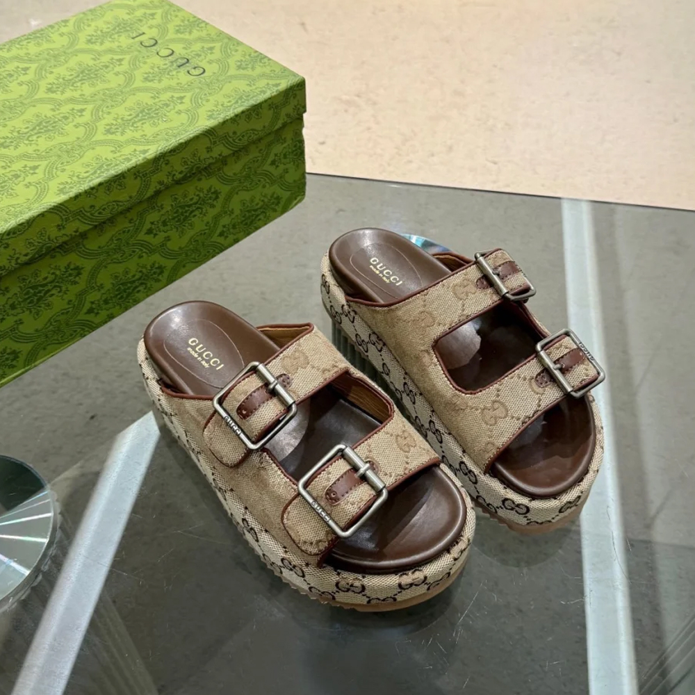 GUCCI GG Double Strap Platform Mules Canvas Platform Slides - KAIROO