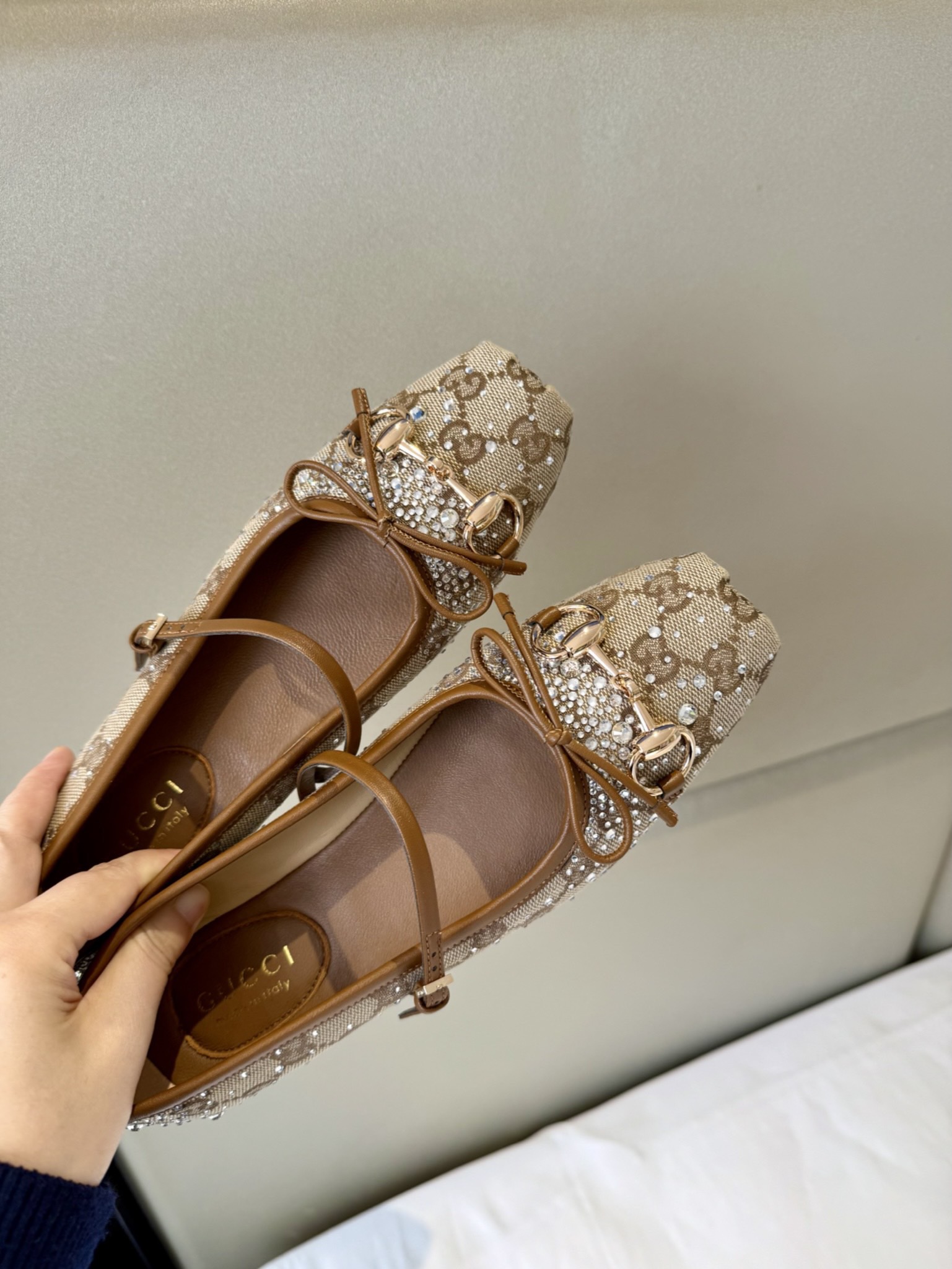 Gucci Sand Beige GG Crystal Horsebit Square Toe Ballet Flats - KAIROO