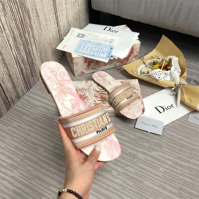 Dior Abstract Art Print Logo Webbing Jacquard Flat Slide Slippers Sandals/ Collection - KAIROO