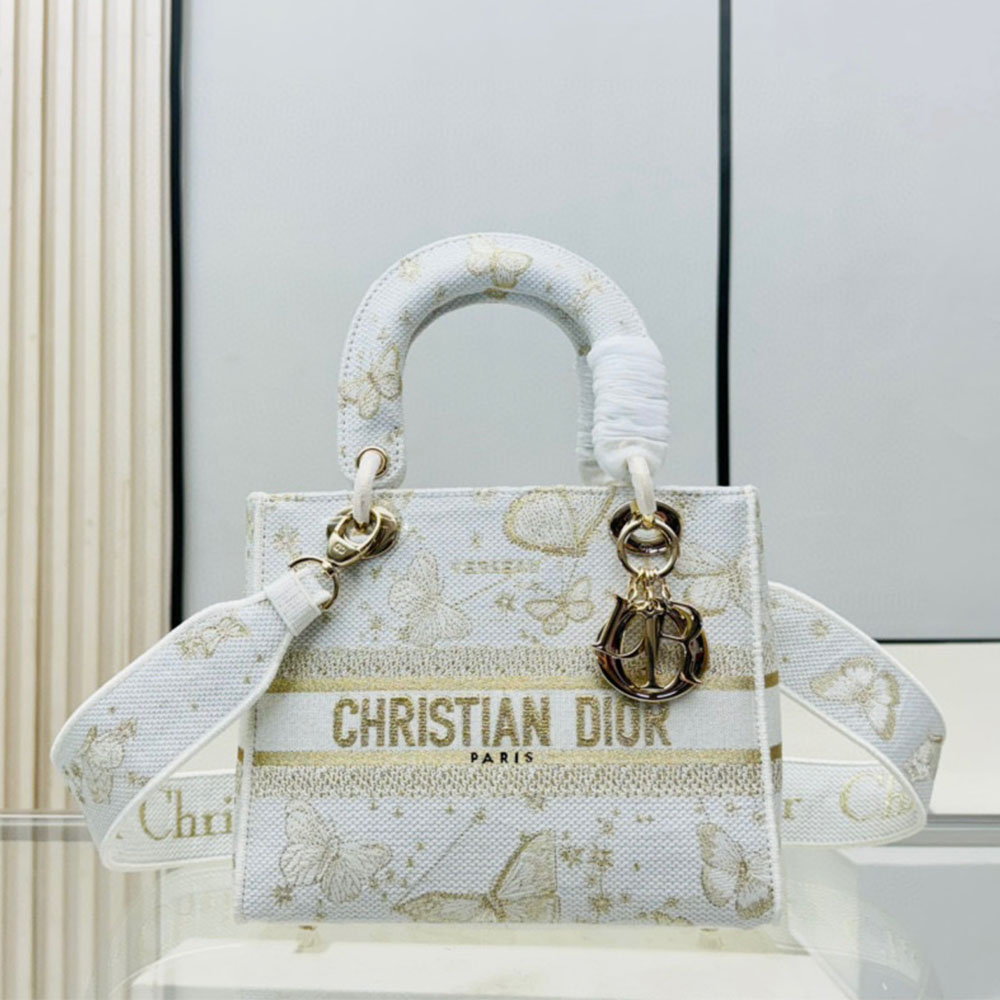 Dior Lady D-Lite White Gold Butterfly Zodiac Embroidery Dior Handle Crossbody Bag /10A - KAIROO