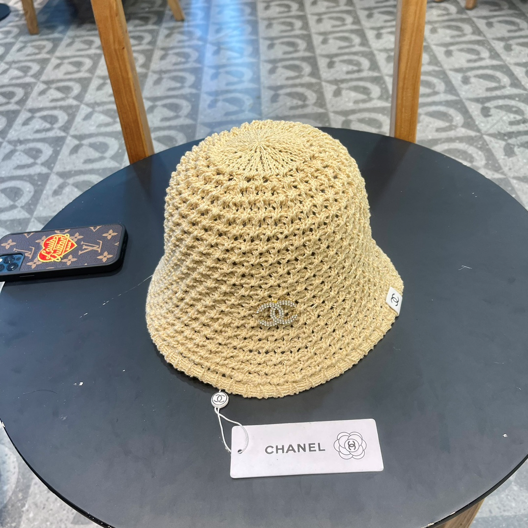 Chanel Crystal CC Logo Hollow Crochet Knit Bucket Hat - KAIROO