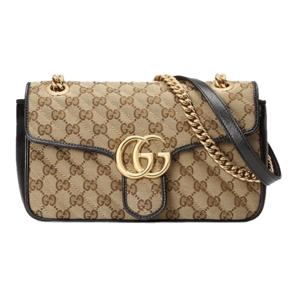 Gucci GG Marmont Beige Quilted Monogram Canvas  Gold Chain Shoulder Bag - KAIROO