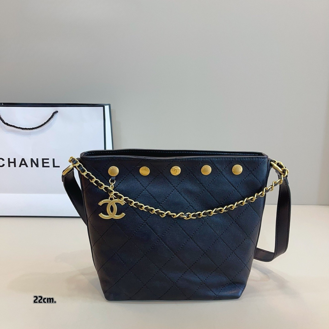 Chanel CC Logo Charm Black Quilted Leather Studded Bucket Bag/ 10A - KAIROO