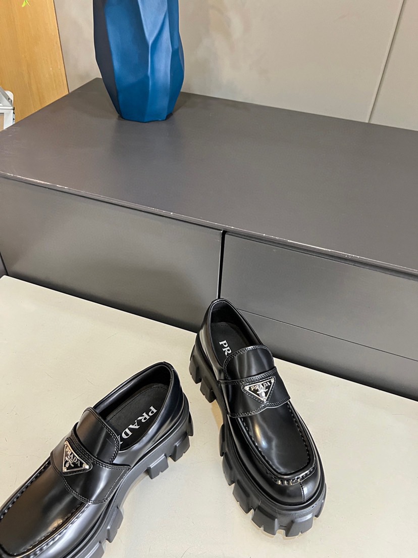 Prada Metal Triangle Logo Chunky Lug Sole Monolith Loafers - KAIROO