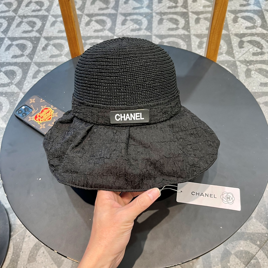 Chanel Logo Patch Woven Textured Ruffled Brim Bucket Hat - KAIROO