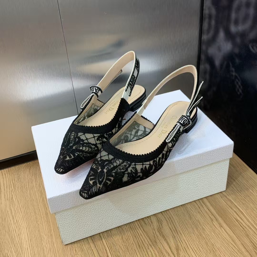 Dior Black Embroidered Floral Lace Pointed-Toe with Signature Ribbon Slingback Flats - KAIROO