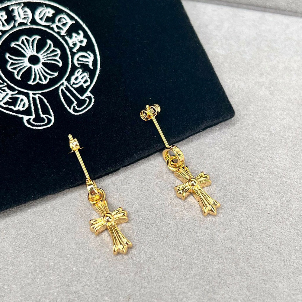 Chrome Hearts Gothic Gold Plated Diamond Paved Cross Earrings - KAIROO