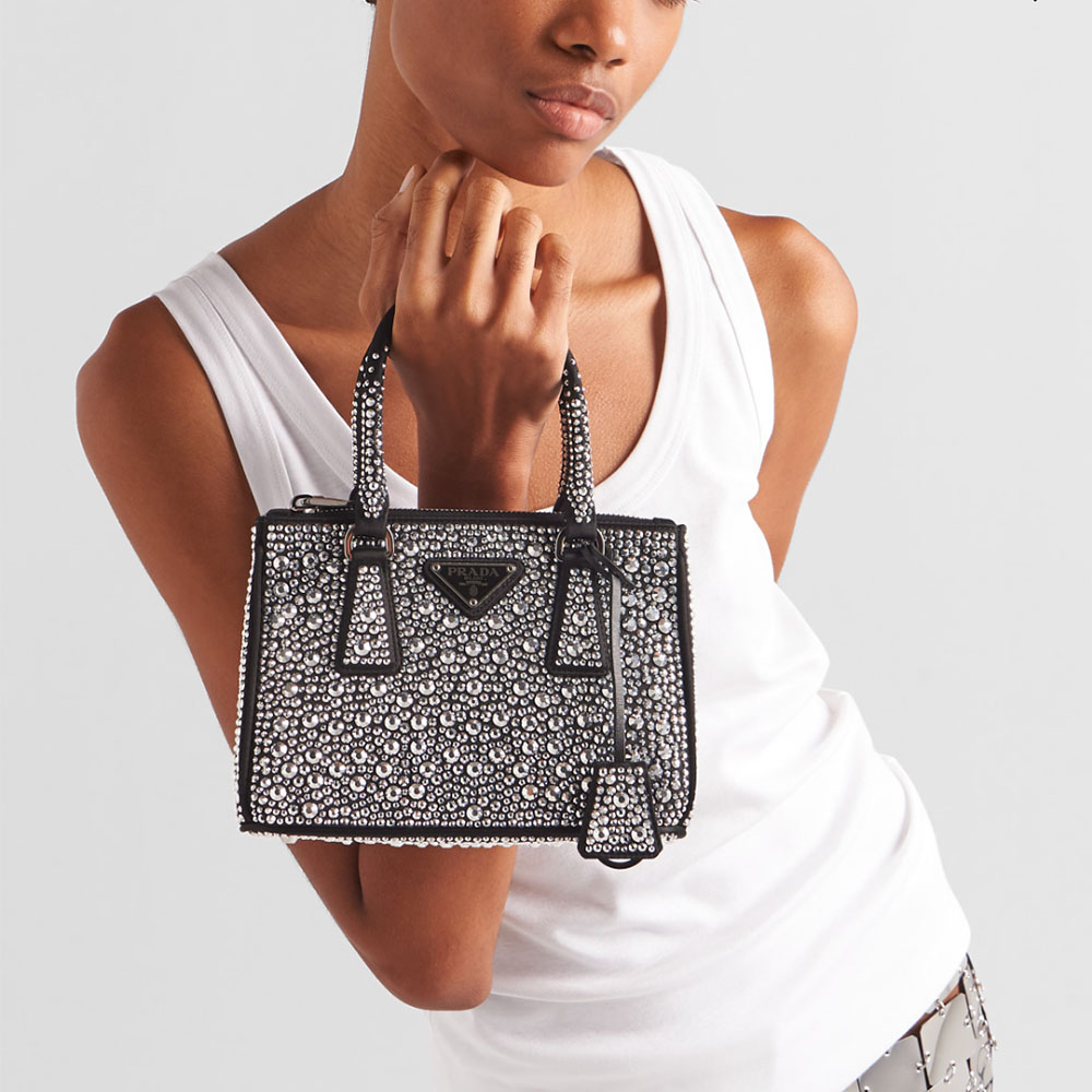 Prada Galleria All Over Crystal Satin Mini Tote Handle Bag - KAIROO