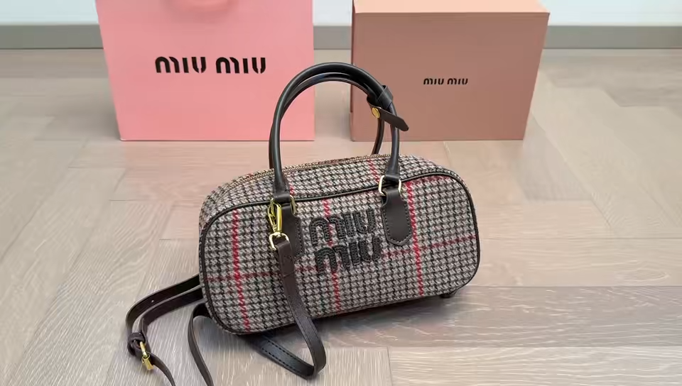 Miu Miu Brown Red Plaid Wool Blend Bowling Bag - KAIROO