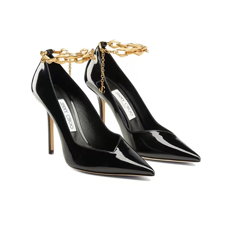 Jimmy Choo Diamond Talura 100 Black Patent Leather Pumps with Chain - KAIROO