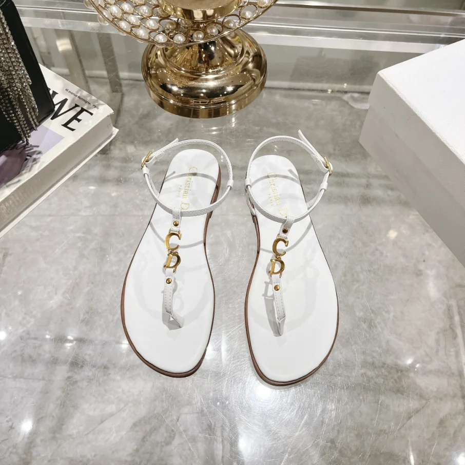 Dior CD Metal Charms Leather Adjustable Ankle Strap Thong Sandal - KAIROO
