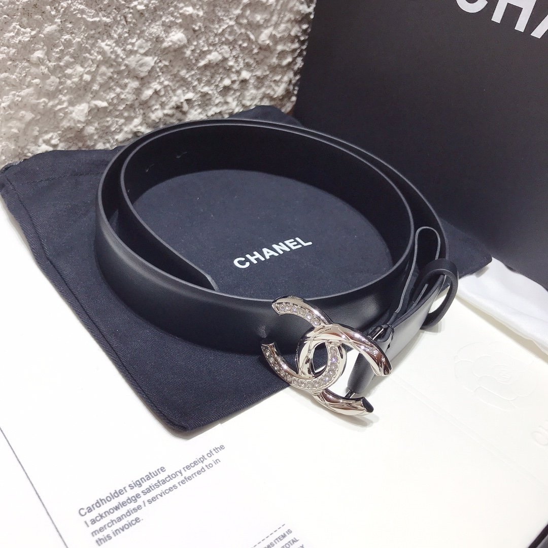 Chanel Black Belt With Double C Buckle Silver-Toned Metal Women Belt 30MM - KAIROO