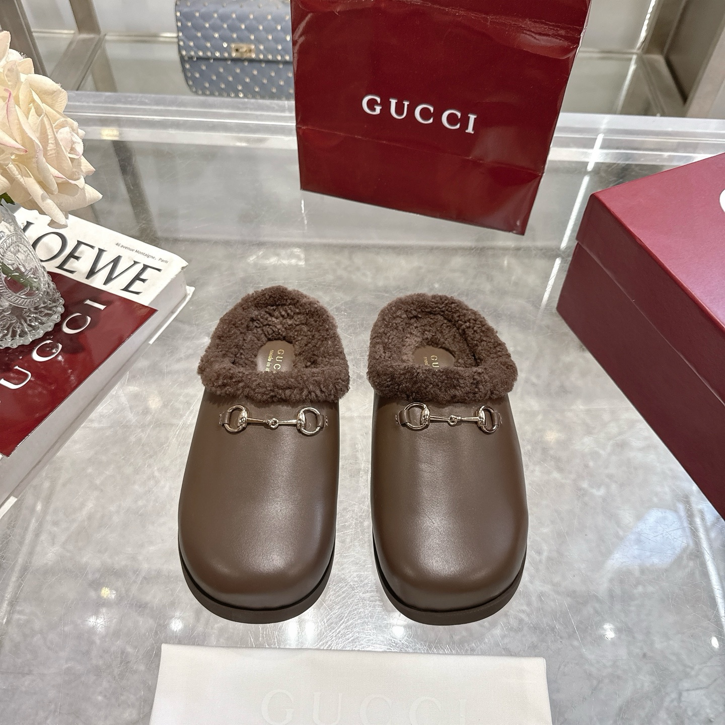 GUCCI Horsebit Leather Slipper Shearling-Lined Mules /Espresso - KAIROO