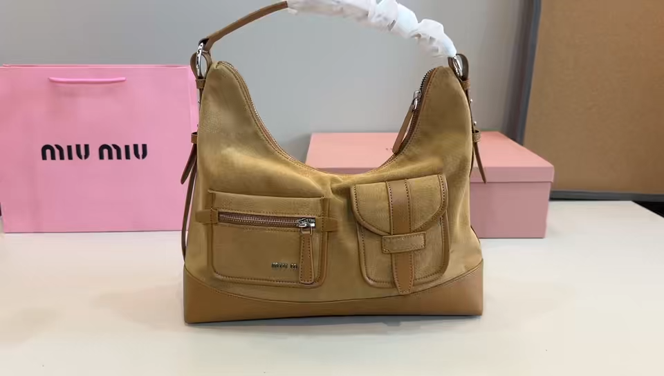Miu Miu Suede & Leather Dual  Pocket Shoulder Hobo Underarm  Bag - KAIROO