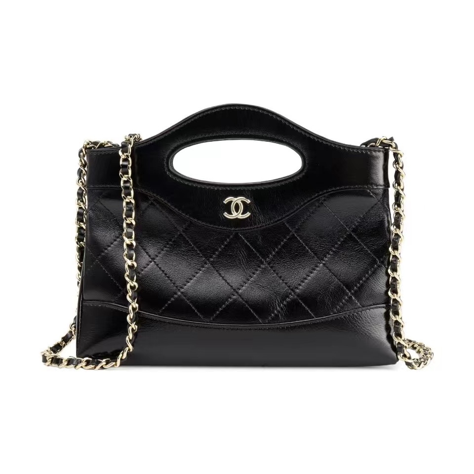 Chanel 17cm Black Shiny Lambskin Quilted Top Handle Chain Bag - KAIROO