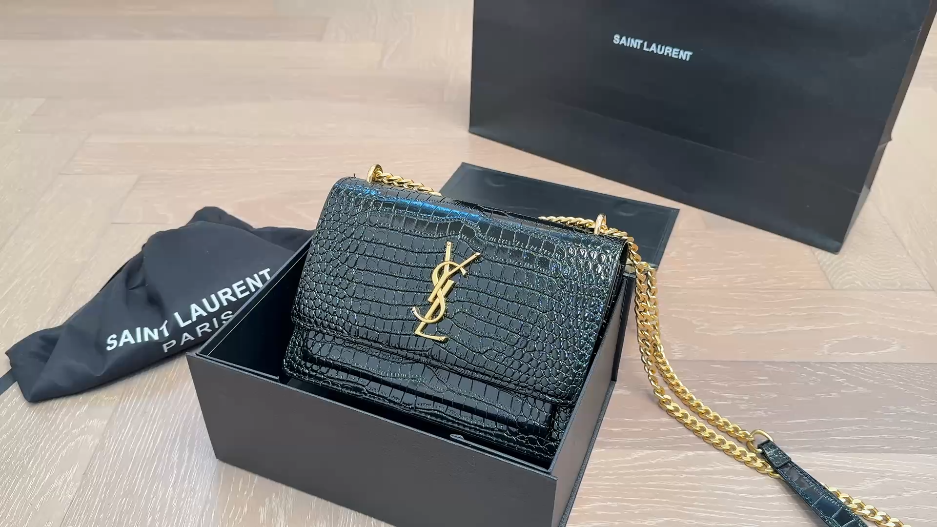 Saint Laurent  YSL Sunset Croc-Embossed Gold Logo Chain Bag - KAIROO