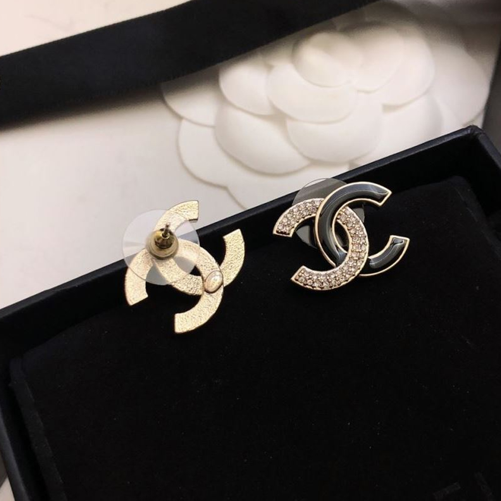 Chanel CC Crystal & Black Enamel Asymmetric Stud Earrings - KAIROO