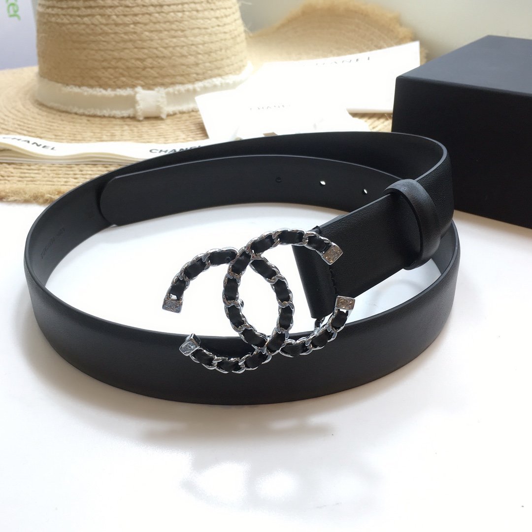 Chanel Belt With Double C Buckle Black with Silver mix Black Hardware Women Belt 30MM - KAIROO