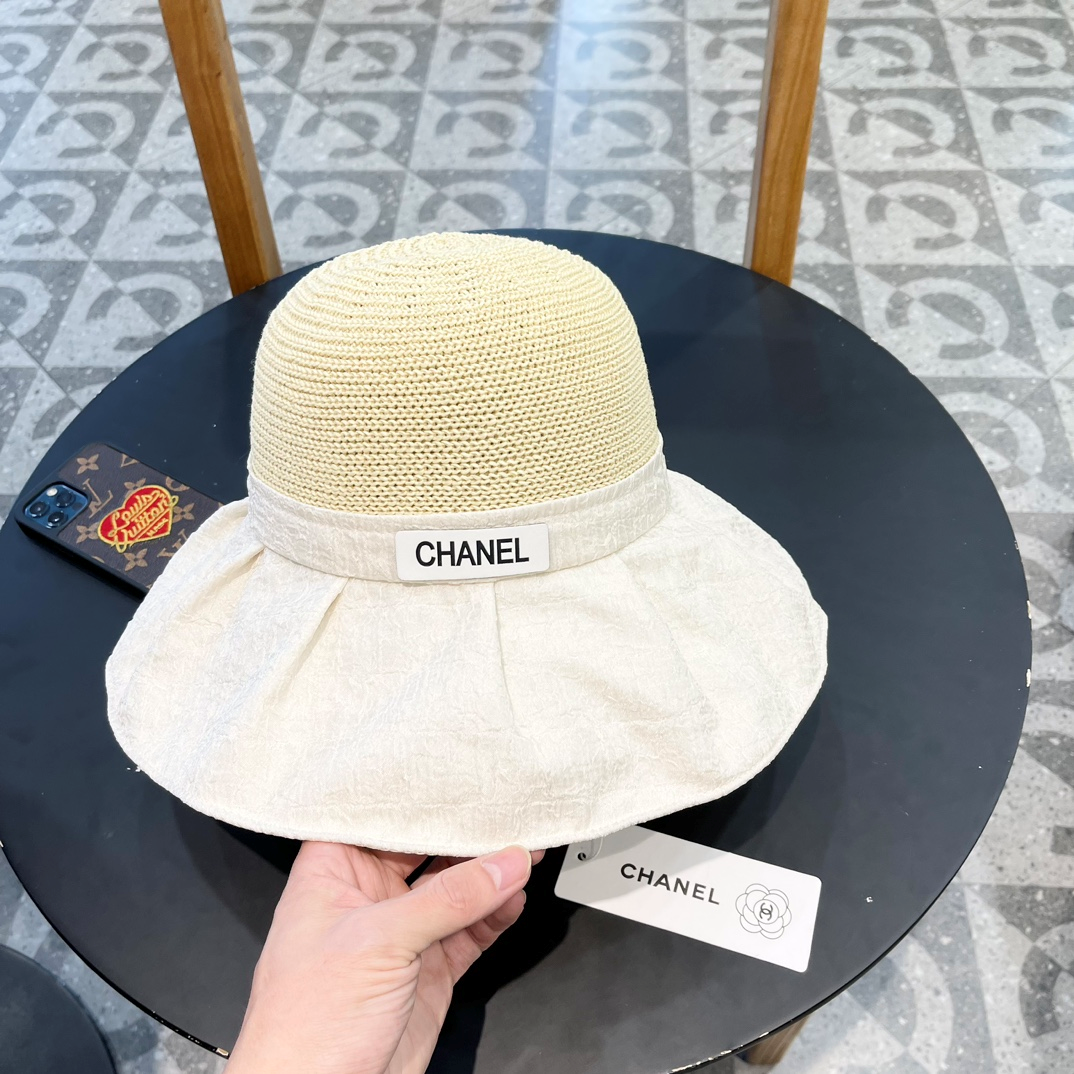 Chanel Logo Patch Woven Textured Ruffled Brim Bucket Hat - KAIROO
