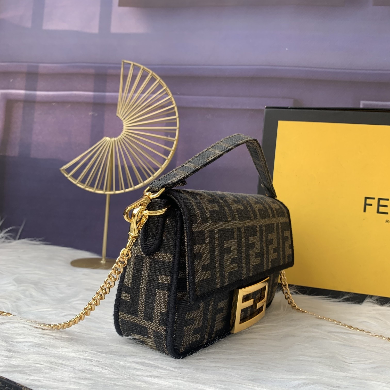 Fendi FF Monogram Mini Canvas Baguette Chain Bag - KAIROO