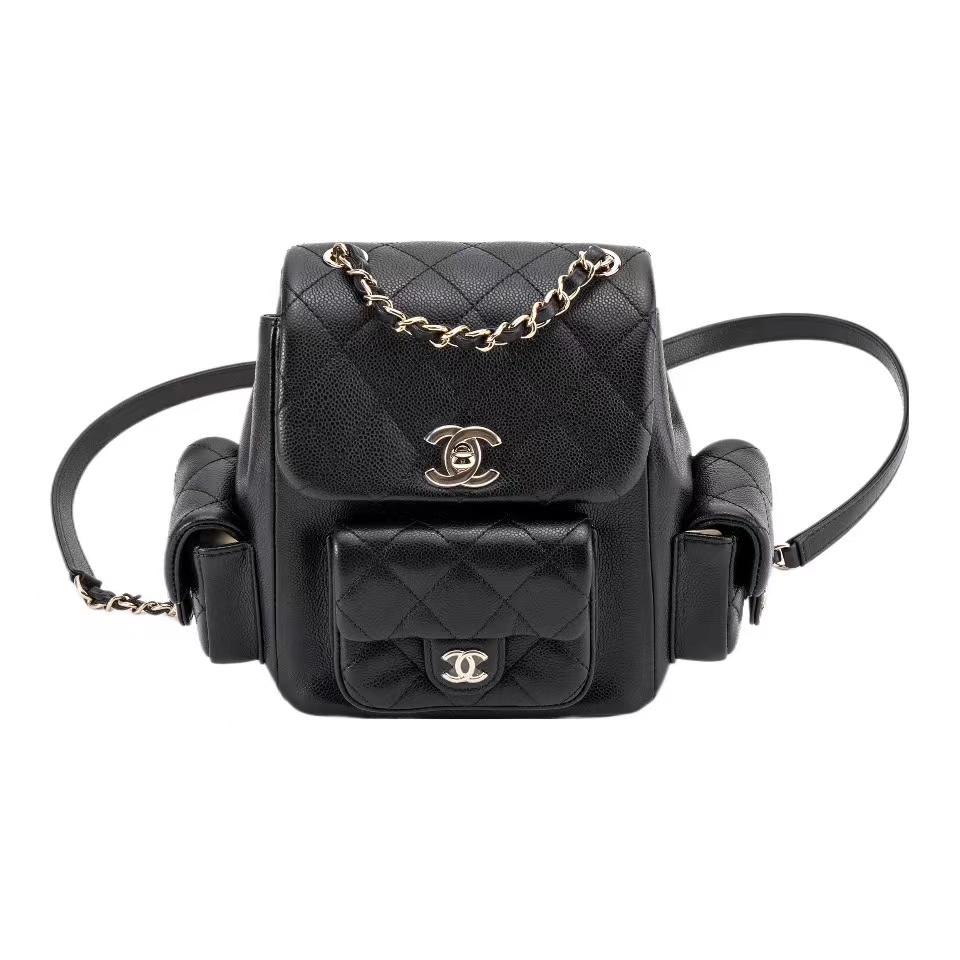Chanel Compact Silhouette Interlocking Caviar Leather Dual Side Pocket Flap Backpack Bag - KAIROO