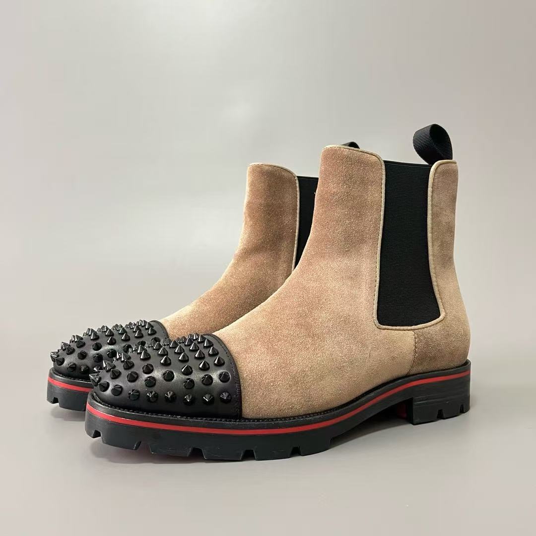Christian Louboutin Chelsea Spikes Suede Cap-Toe Red Sole Chelsea Boots - KAIROO
