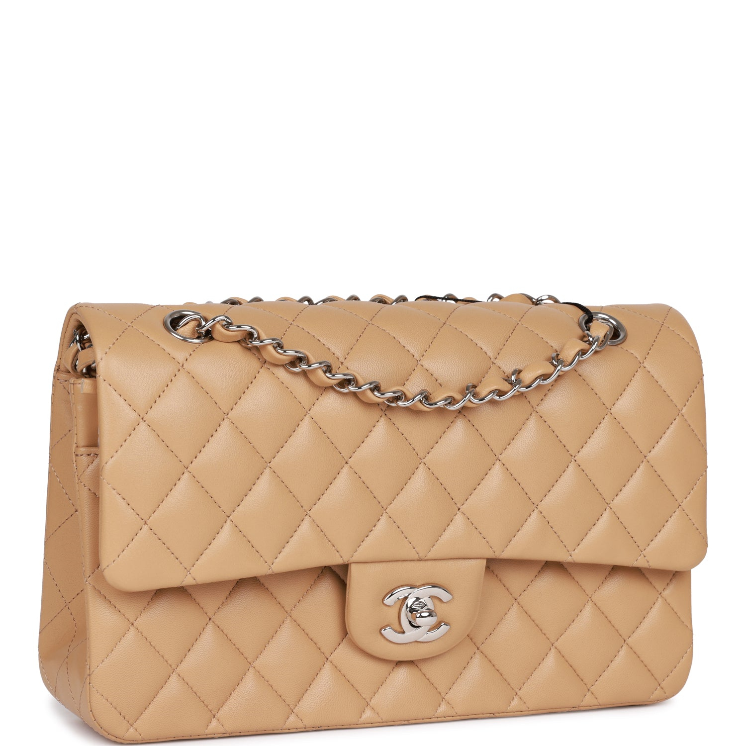 Chanel 25cm Beige Lambskin Quilted Double Flap Chain Bag - KAIROO