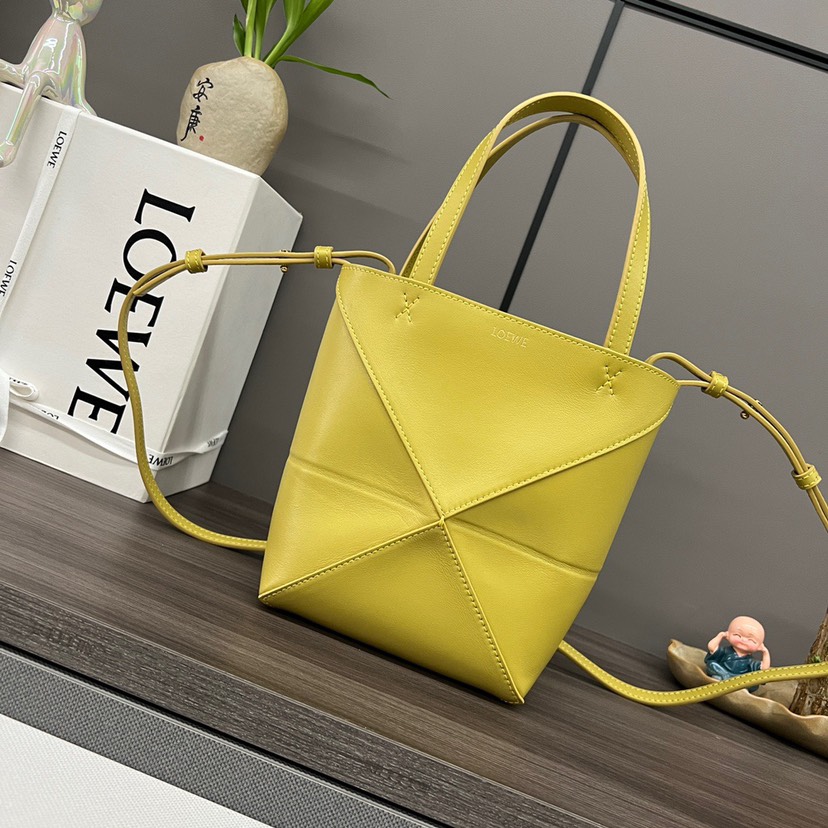 Loewe Lemon Yellow Mini Puzzle Geometric Fold Smooth Leather Tote Handle Shoulder Bag - KAIROO