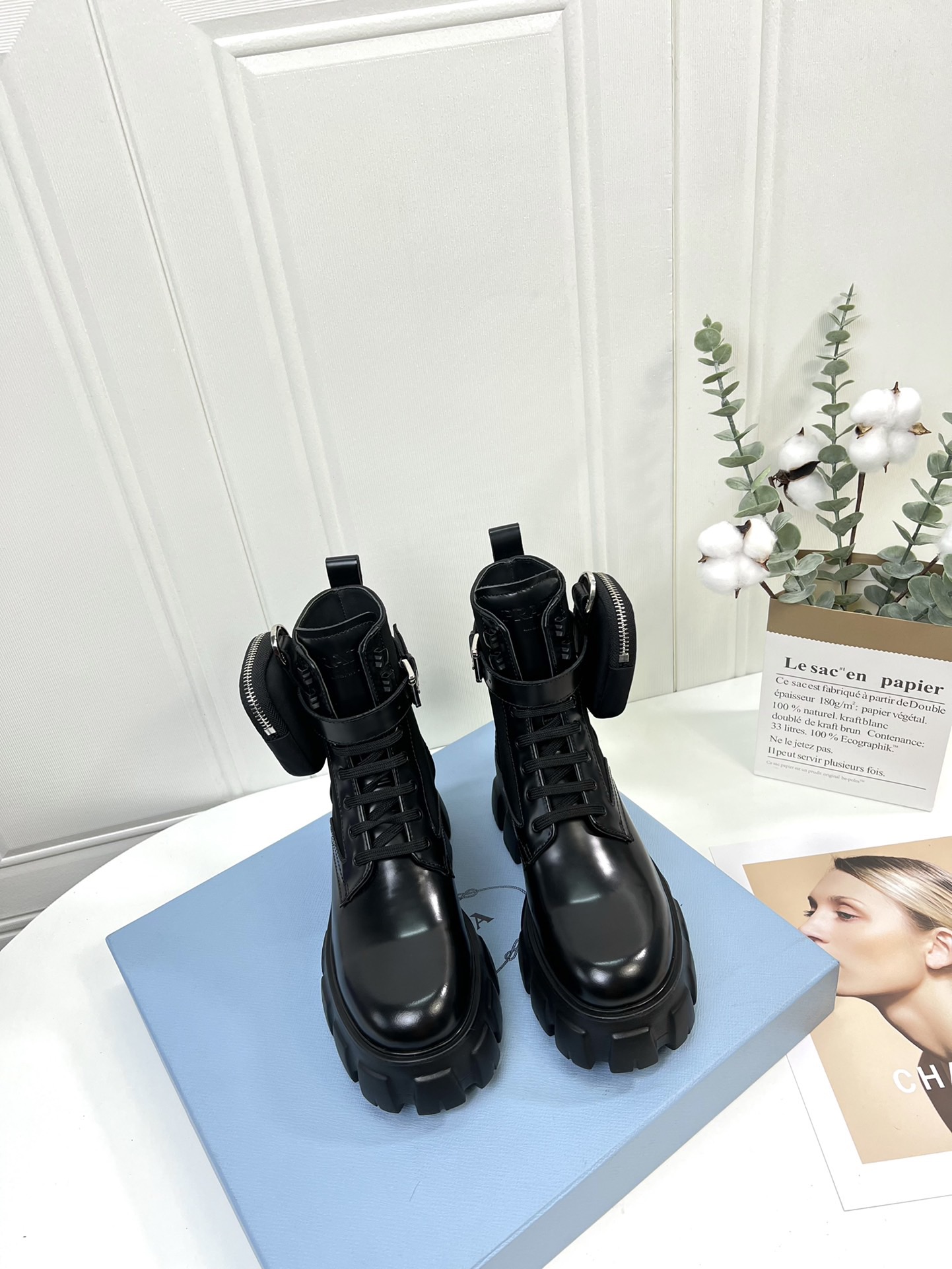 Prada Monolith Brushed Leather Re-Nylon Pouch Combat Boots - KAIROO