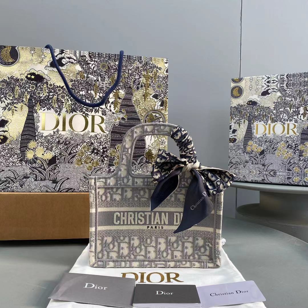 Dior Small Iconic Monogram Canvas Gray Oblique Embroidered Tote Bags/ 15A - KAIROO