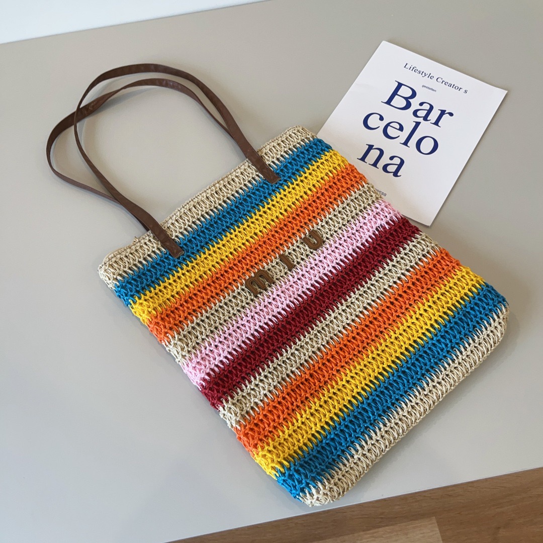Miu Miu Rectangular Multi-stripe Crochet Leather-handle Shopper Tote - KAIROO