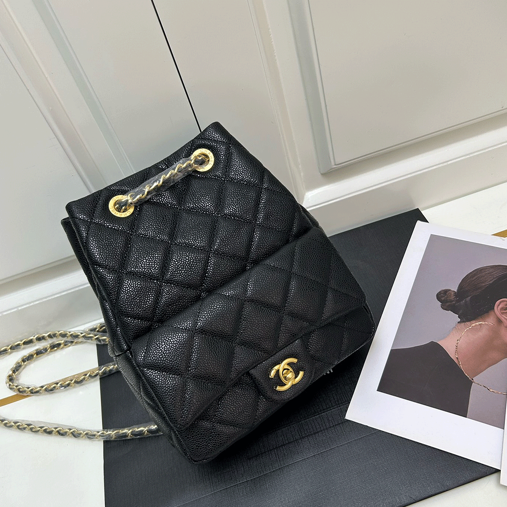 Chanel CC Logo Quilted Caviar Leather Chain Drawstring Bucket Backpack - KAIROO
