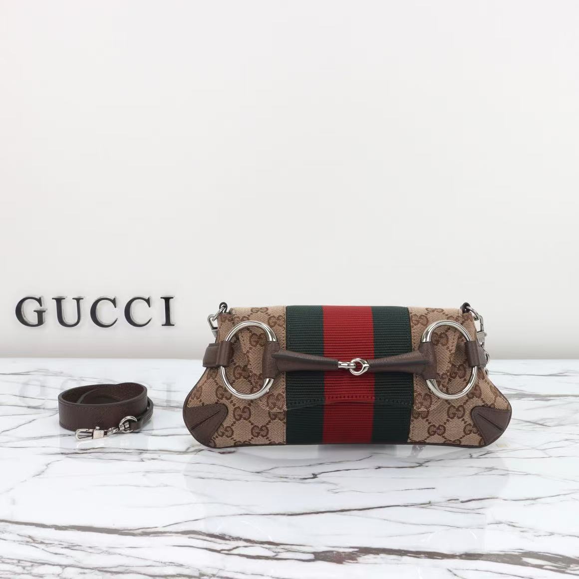 GUCCI GG Canvas Web Stripe Archival Horsebit Chain Shoulder Bag - KAIROO