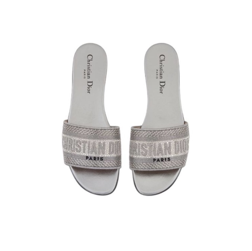 Dior Dway Crystal Rhinestone Logo Flat Slide Slippers Sandals - KAIROO