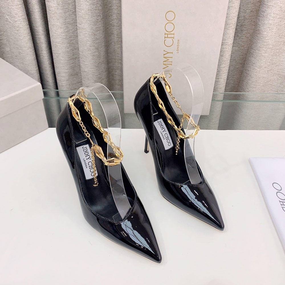 Jimmy Choo Diamond Talura 100 Black Patent Leather Pumps with Chain - KAIROO